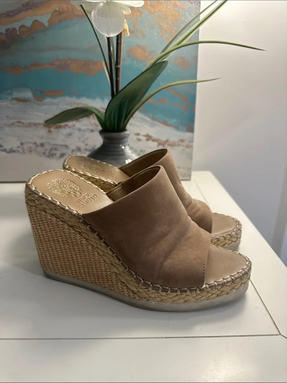 Vince Camuto Brissia Taupe Suede Espadrille Wedge Mule - Picture 1 of 5